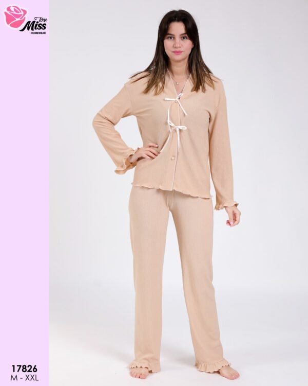 Rose Miss Pyjama gaufré à nœuds volants – Réf 17826 – Beige