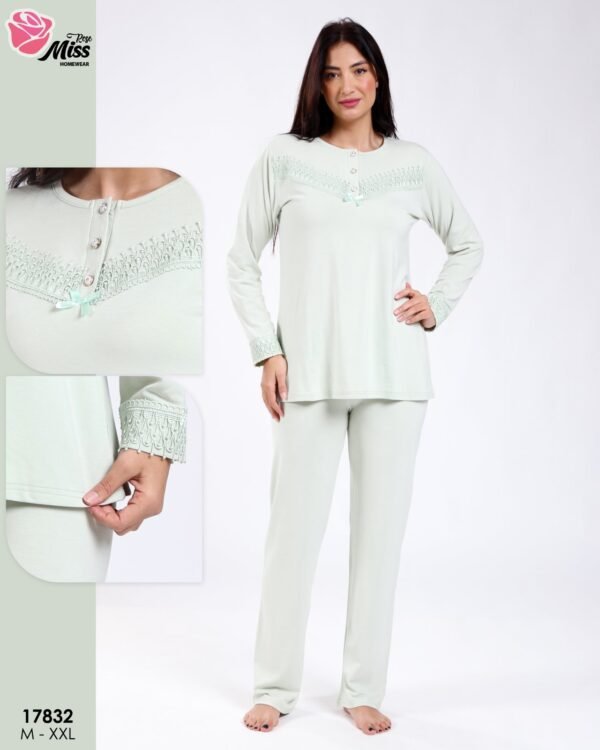 Rose Miss Pyjama col tunisien dentelle – Réf 17832 – Vert d'eau
