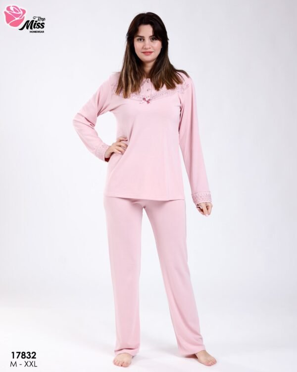 Rose Miss Pyjama col tunisien dentelle – Réf 17832 – Rose pâle