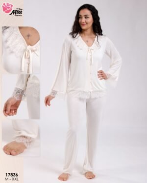 Rose Miss Pyjama boutonné col dentelle – Réf 17836 – Écru
