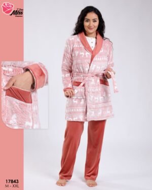 Rose Miss Ensemble pyjama Noël et peignoir velours 3 pièces – Réf 17843 – Rose et corail
