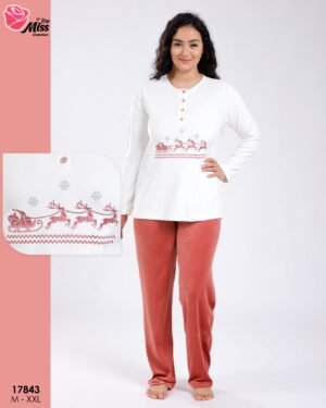 Rose Miss Ensemble pyjama Noël et peignoir velours 3 pièces – Réf 17843 – Blanc et corail