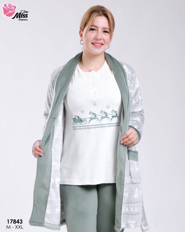 Rose Miss Ensemble pyjama Noël et peignoir velours 3 pièces – Réf 17843 – Vert et blanc