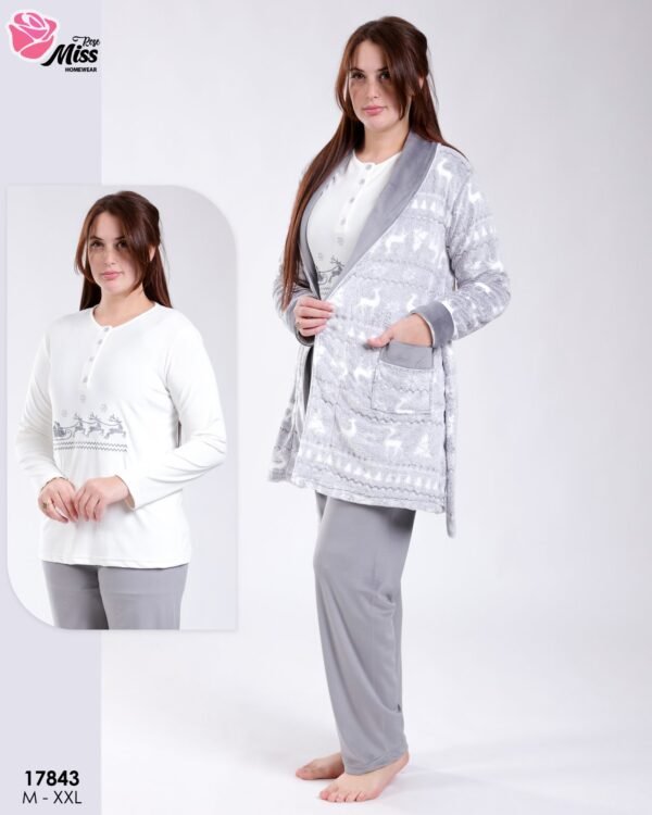 Rose Miss Ensemble pyjama Noël et peignoir velours 3 pièces – Réf 17843 – Gris