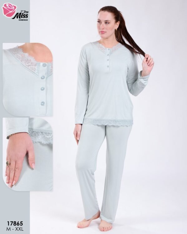 Rose Miss Pyjama col tunisien dentelle – Réf 17865 – Vert d'eau