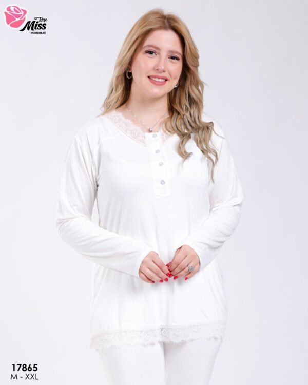 Rose Miss Pyjama col tunisien dentelle – Réf 17865 – Écru
