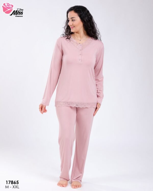 Rose Miss Pyjama col tunisien dentelle – Réf 17865 – Vieux rose
