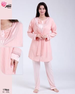 Rose Miss Ensemble pyjama et gilet dentelle 3 pièces – Réf 17866 – Corail clair