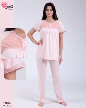 Rose Miss Ensemble pyjama et gilet dentelle 3 pièces – Réf 17866 – Rose pâle