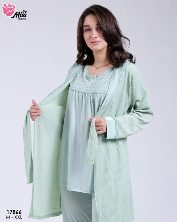 Rose Miss Ensemble pyjama et gilet dentelle 3 pièces – Réf 17866 – Vert d'eau