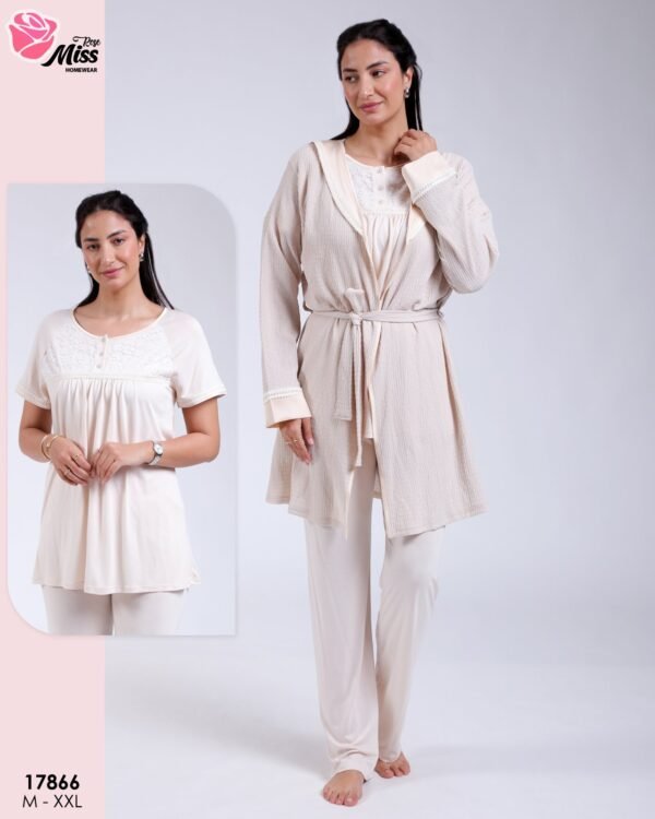 Rose Miss Ensemble pyjama et gilet dentelle 3 pièces – Réf 17866 – Beige