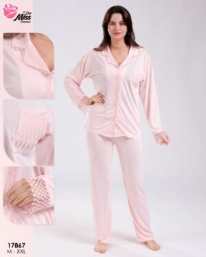 Rose Miss Pyjama boutonné dentelle – Réf 17867 – Rose pâle