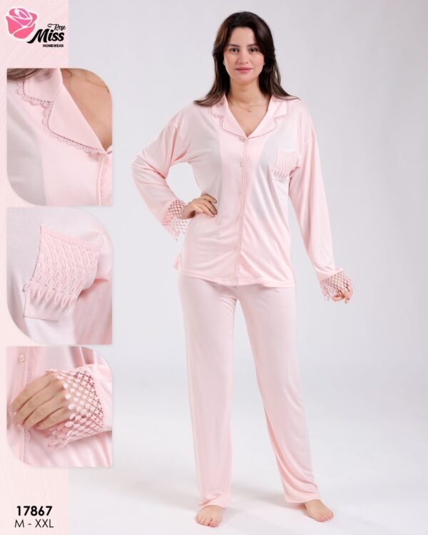 Rose Miss Pyjama boutonné dentelle – Réf 17867 – Rose pâle
