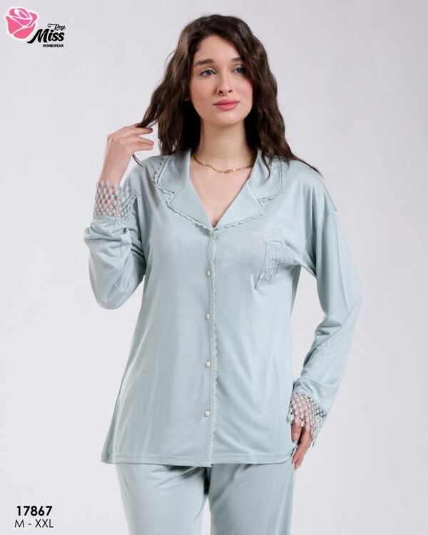Rose Miss Pyjama boutonné dentelle – Réf 17867 – Vert d'eau