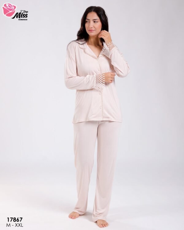 Rose Miss Pyjama boutonné dentelle – Réf 17867 – Beige clair