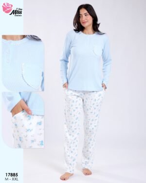 Rose Miss Pyjama haut uni pantalon fleuri – Réf 17885 – Bleu ciel