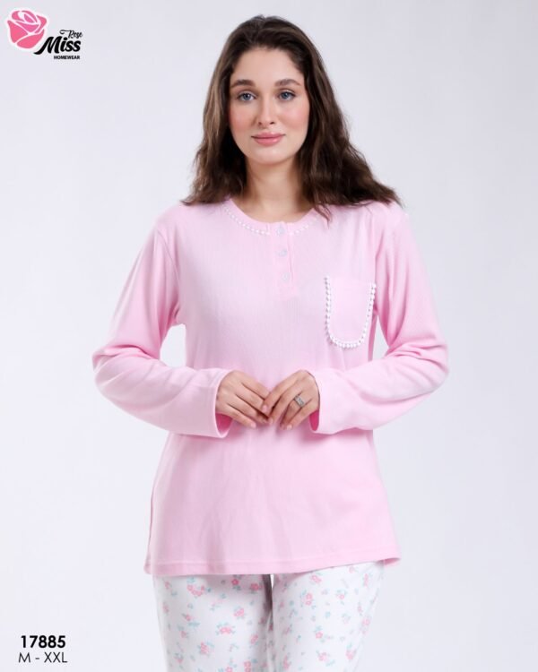 Rose Miss Pyjama haut uni pantalon fleuri – Réf 17885 – Rose