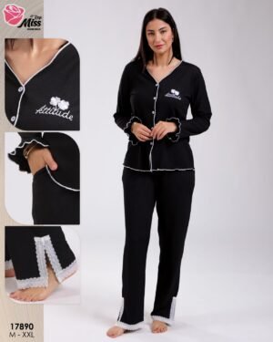 Rose Miss Pyjama chemise gaufré dentelle – Réf 17890 – Noir