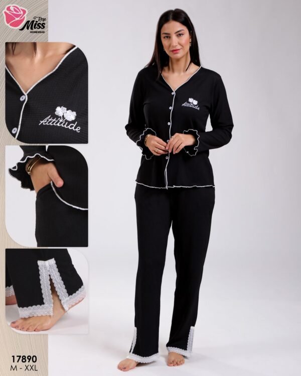 Rose Miss Pyjama chemise gaufré dentelle – Réf 17890 – Noir