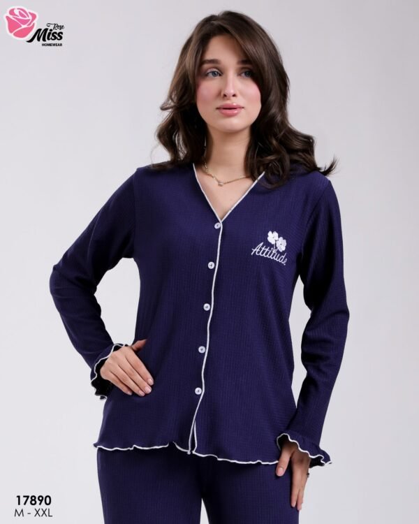 Rose Miss Pyjama chemise gaufré dentelle – Réf 17890 – Bleu marine