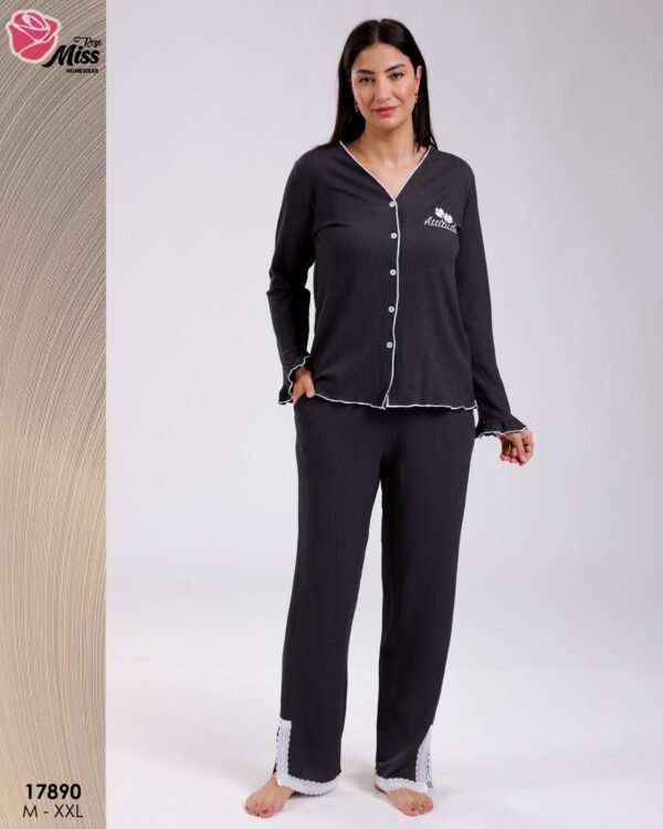 Rose Miss Pyjama chemise gaufré dentelle – Réf 17890 – Gris anthracite