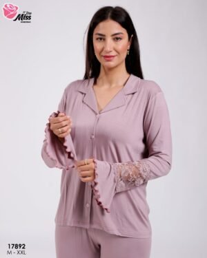 Rose Miss Pyjama chemise manches dentelle – Réf 17892 – Vieux rose
