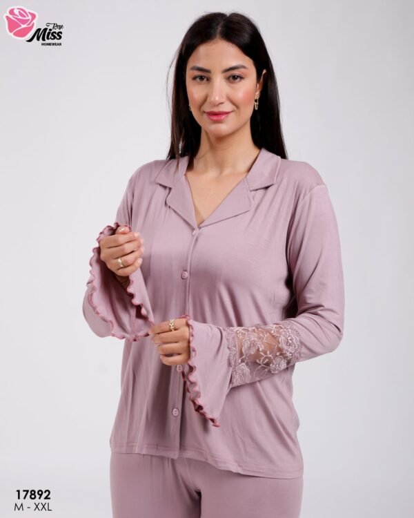 Rose Miss Pyjama chemise manches dentelle – Réf 17892 – Vieux rose