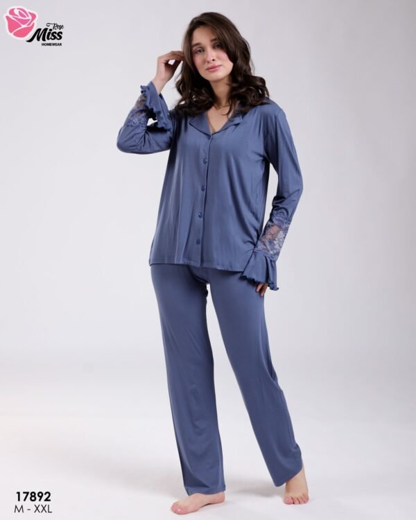 Rose Miss Pyjama chemise manches dentelle – Réf 17892 – Bleu jean
