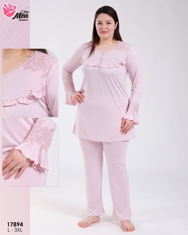 Rose Miss Pyjama tunique dentelle à volants – Réf 17894 – Rose pâle