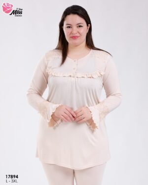 Rose Miss Pyjama tunique dentelle à volants – Réf 17894 – Beige