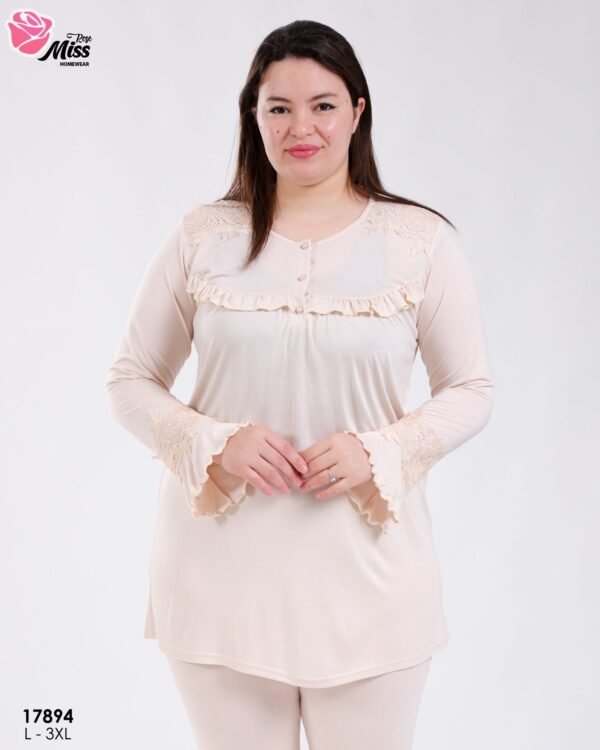 Rose Miss Pyjama tunique dentelle à volants – Réf 17894 – Beige