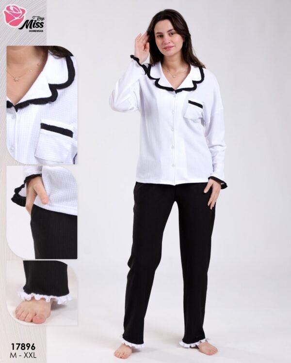 Rose Miss Pyjama chemise blanche à volants – Réf 17896 – Blanc et noir