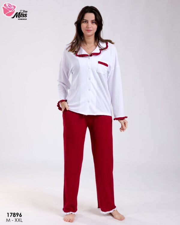 Rose Miss Pyjama chemise blanche à volants – Réf 17896 – Blanc et bordeaux