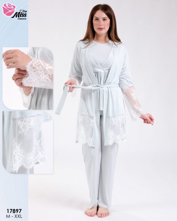 Rose Miss Ensemble pyjama et kimono dentelle 3 pièces – Réf 17897 – Bleu pâle