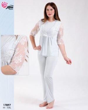 Rose Miss Ensemble pyjama et kimono dentelle 3 pièces – Réf 17897 – Bleu clair