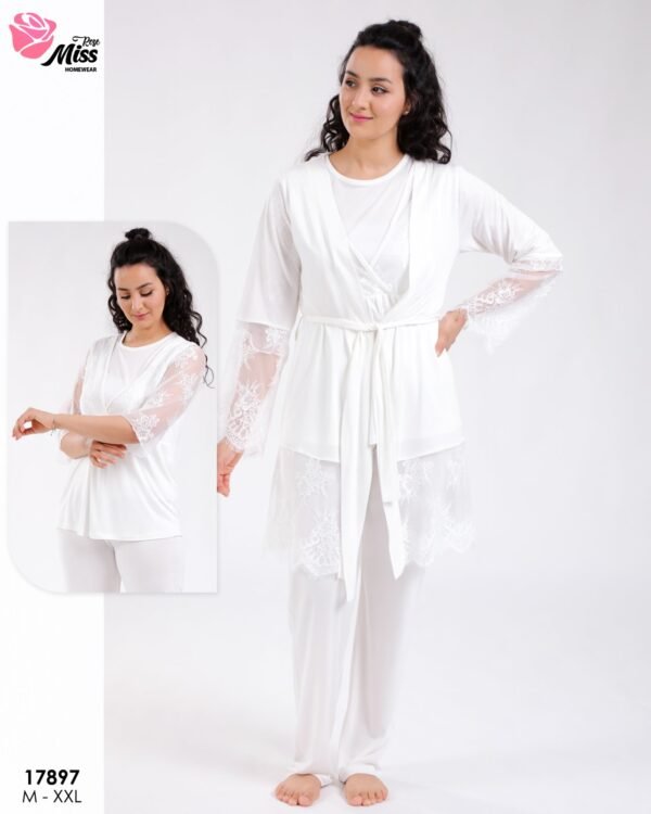 Rose Miss Ensemble pyjama et kimono dentelle 3 pièces – Réf 17897 – Blanc