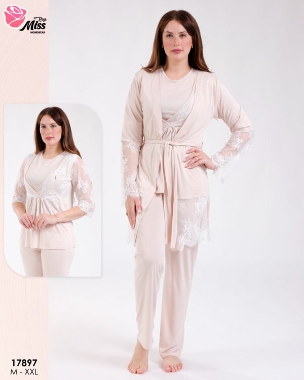 Rose Miss Ensemble pyjama et kimono dentelle 3 pièces – Réf 17897 – Beige