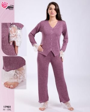 Rose Miss Pyjama côtelé boutonné dentelle – Réf 17901 – Mauve