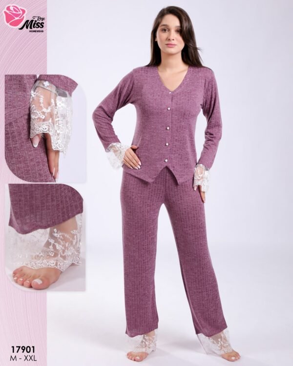 Rose Miss Pyjama côtelé boutonné dentelle – Réf 17901 – Mauve