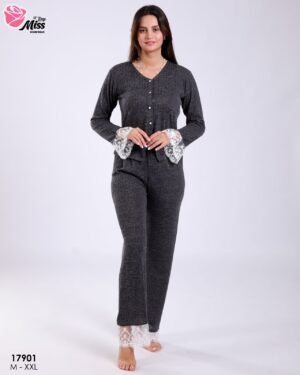 Rose Miss Pyjama côtelé boutonné dentelle – Réf 17901 – Gris anthracite