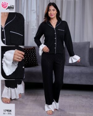 Rose Miss Pyjama chemise jacquard à volants – Réf 17904 – Noir