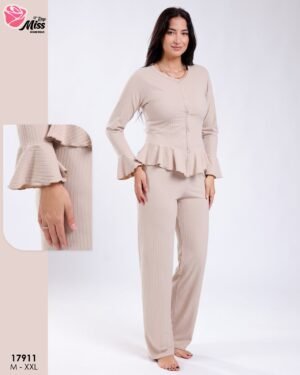 Rose Miss Pyjama côtelé péplum – Réf 17911 – Beige