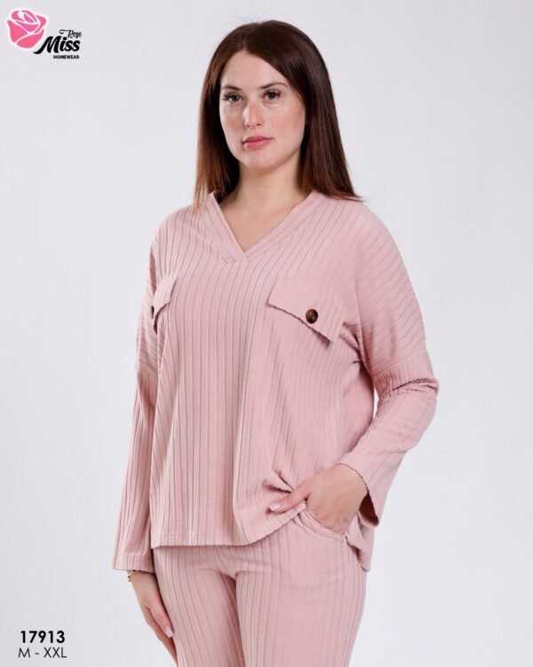 Rose Miss Ensemble côtelé col V – Réf 17913 – Vieux rose