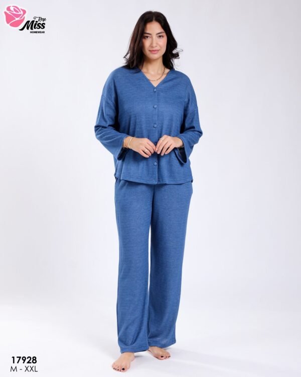 Rose Miss Pyjama côtelé boutonné ample – Réf 17928 – Bleu jean