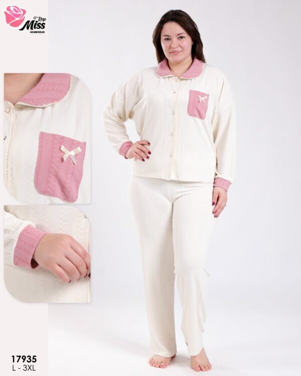Rose Miss Pyjama chemise jacquard bicolore – Réf 17935 – Écru et rose Rose Miss Pyjama chemise jacquard bicolore – Réf 17935 – Écru et rose