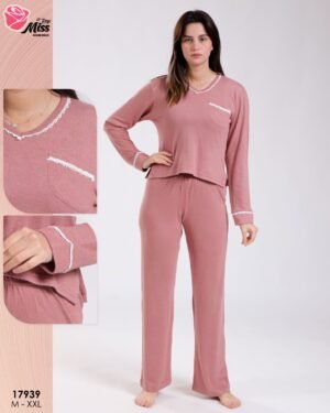 Rose Miss Pyjama col V poche – Réf 17939 – Vieux rose