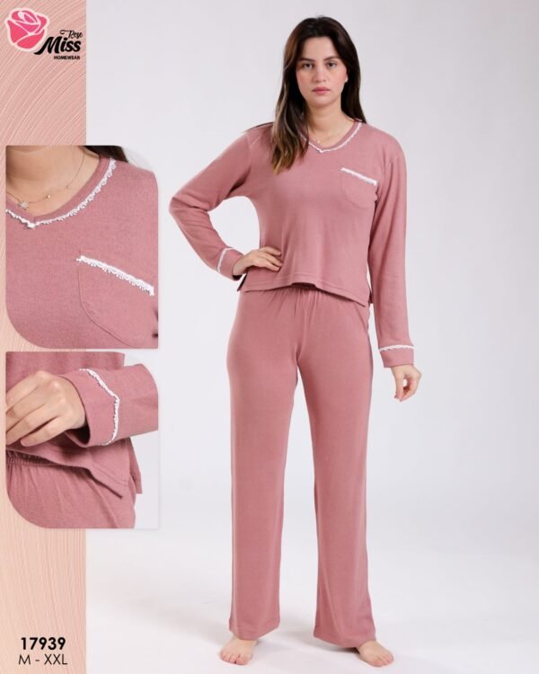 Rose Miss Pyjama col V poche – Réf 17939 – Vieux rose