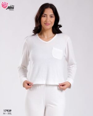 Rose Miss Pyjama col V poche – Réf 17939 – Blanc
