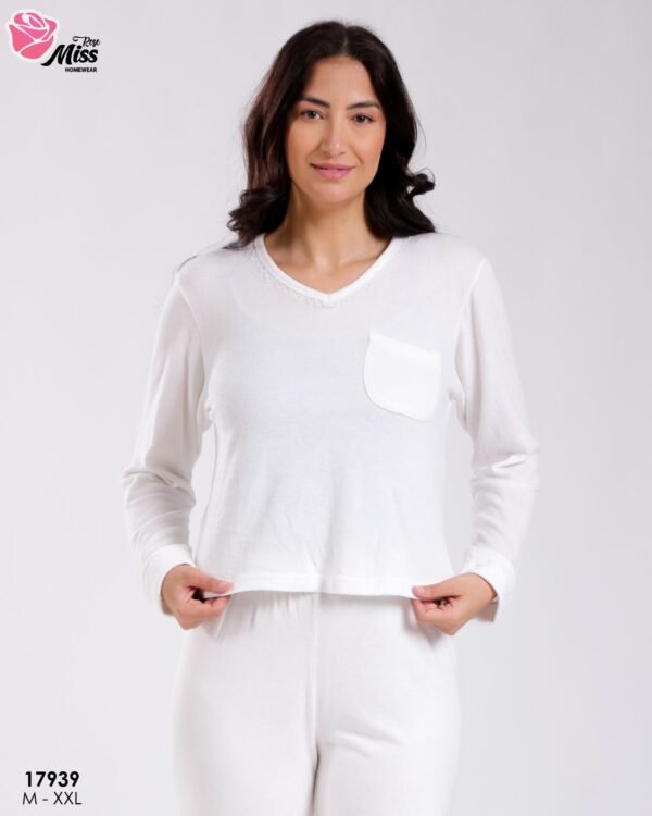 Rose Miss Pyjama col V poche – Réf 17939 – Blanc