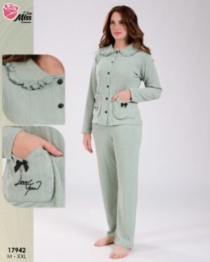 Rose Miss Pyjama jacquard col claudine – Réf 17942 – Vert d'eau